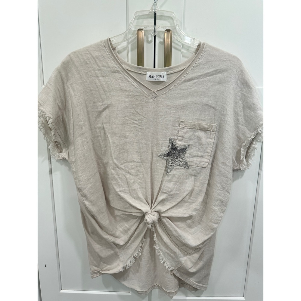 Marisima Womens Sequin Star Pocket Front Knot Frayed Linen Top Beige One Size